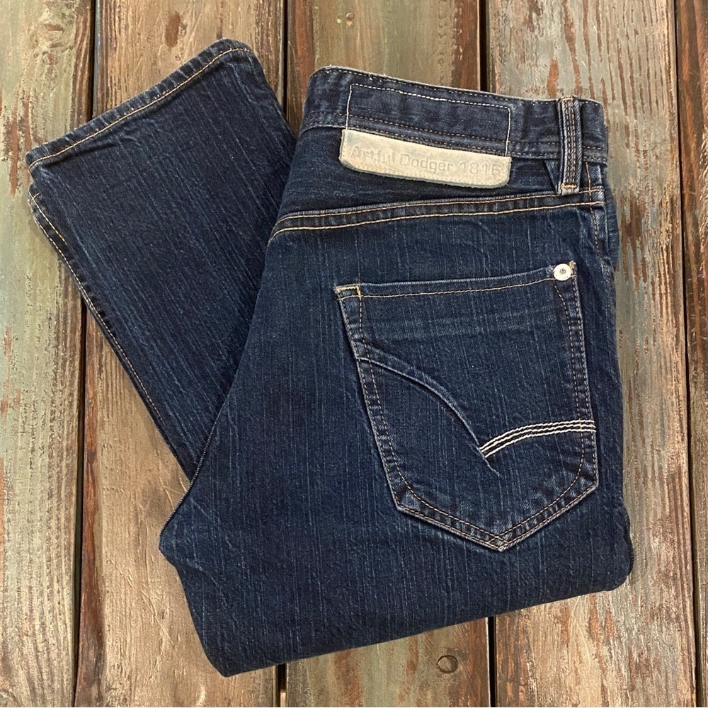 Artful Dodger 34x33.5 Jeans Mens Slim Fit Logo Stretch Dark Wash Made in USA